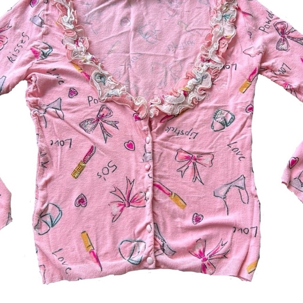 Blumarine Pink Ruffle-Trim Button Cardigan with Bow & Lipstick Print